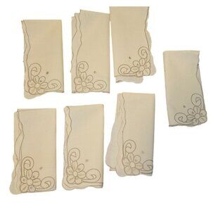 7‎ Vintage Napkins Embroidered Floral Beige Cloth Scalloped Edges 12x12"